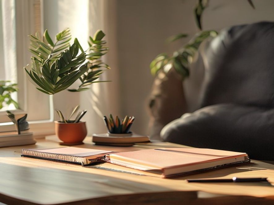A workspace with notebooks, pens, and a plant on a white desk