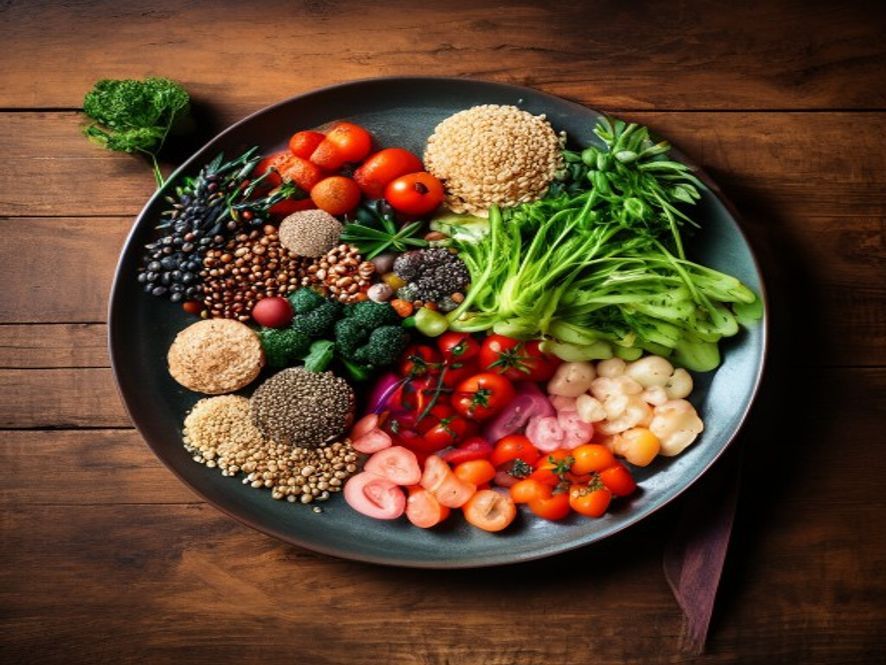 A balanced plate with vegetables, grains, and protein on a wooden table