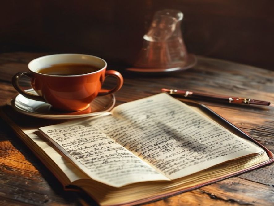 An open notebook with a pen on a wooden table near a window with natural light