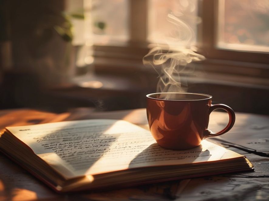 An open notebook with handwritten notes next to a cup of tea on a wooden desk